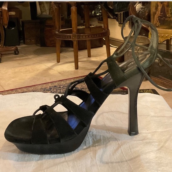 Bebe Tie Up Black Strappy Sandals Stiletto Heels Size 8 Platform - Picture 6 of 8